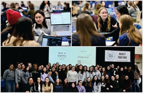 Top: Female students participating in Hackathon; Bottom: Group of Hackathon participants posing together