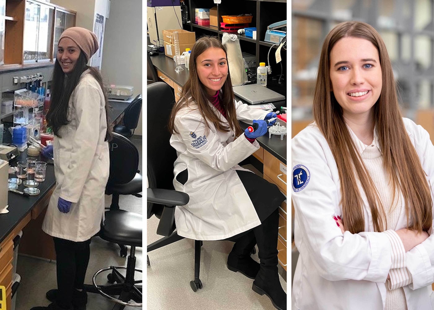Three separate images of women in laboratories