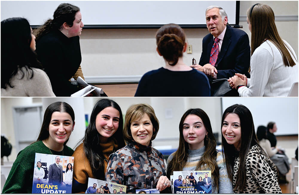 Top Image: Dr. Edward Halperin, Chancellor of Touro’s New York Medical College, speaking with undergrads interested in applying to med school.
<br />Bottom Image: Heidi Fuchs, Assistant Dean of Admissions at Touro College of Pharmacy, with undergrads interested in pharmacy careers.
<br />