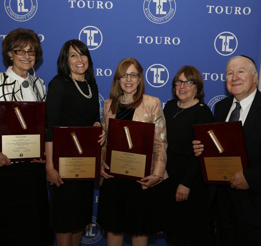 The five honorees at the Lander College for Women 40th Anniversary Dinner (l-r): former deans Dr. Sara E. Freifeld and Devorah Ehrlich; current dean Dr. Marian Stoltz-Loike; Vivian Luchins; and Founding Dean Dr. David Luchins.